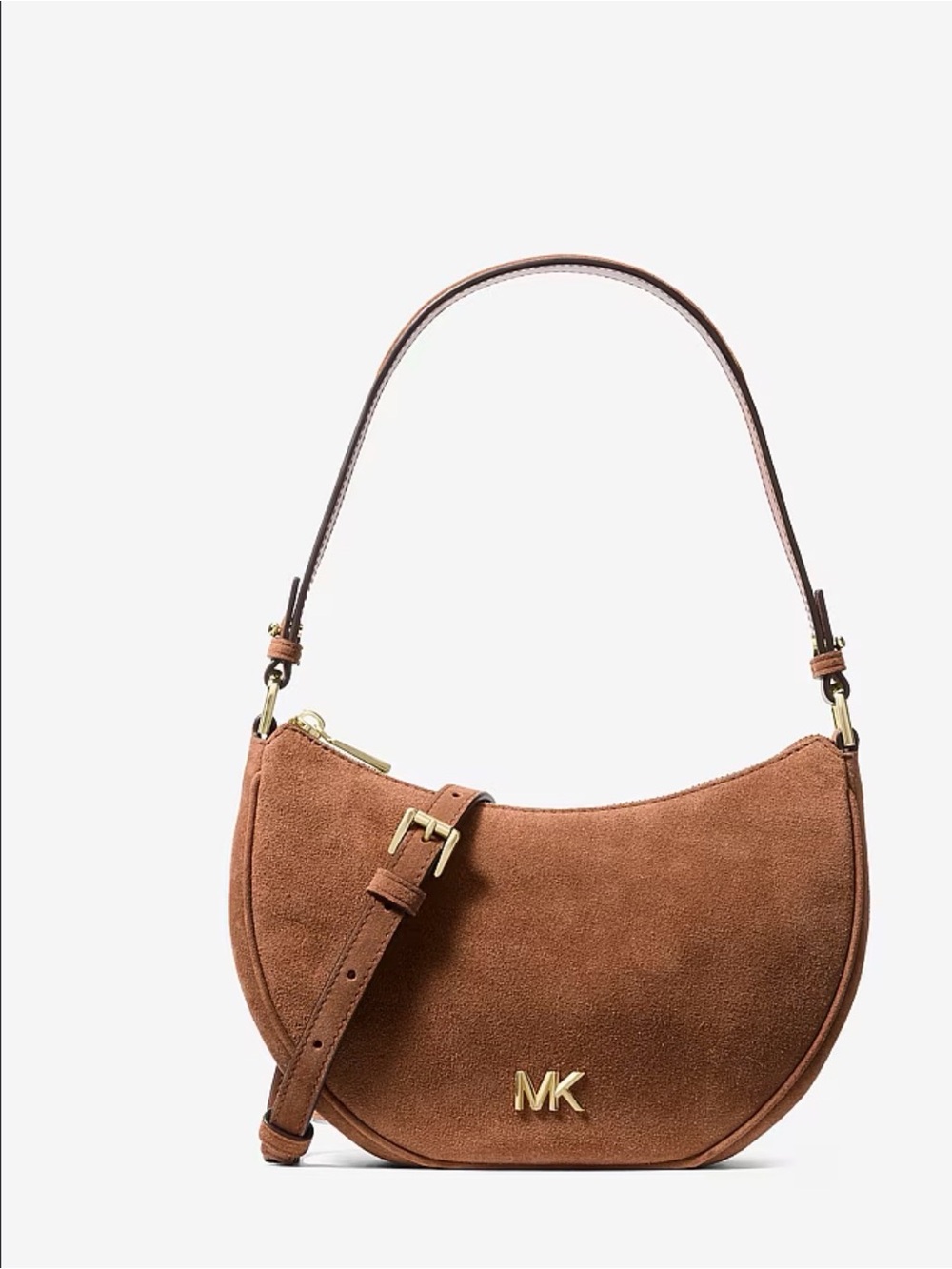 Michael Kors Chestnut Leather Suede Crescent Shoulder Bag with Gold Hardware